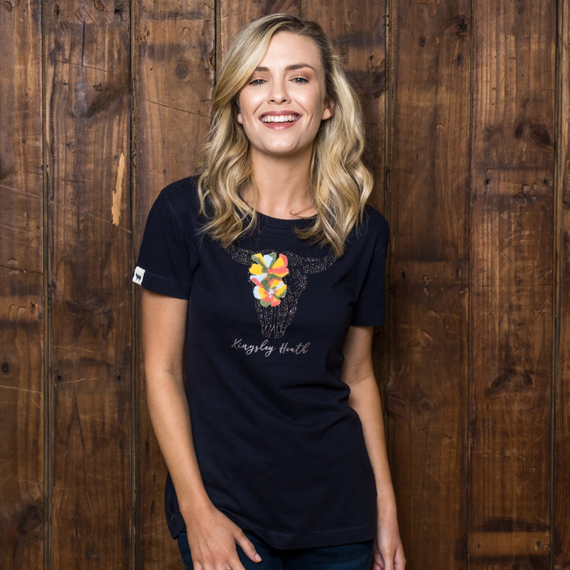 Glitzy Floral Skull Crew Slim Tee Midnight