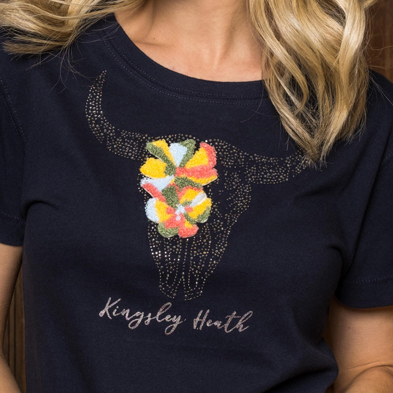 Glitzy Floral Skull Crew Slim Tee Midnight