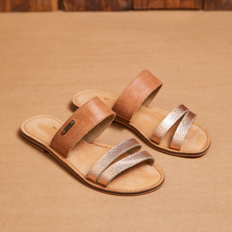 Kingsley Heath L Split Mule Sandal Tan/Metallic/Brass/Tan