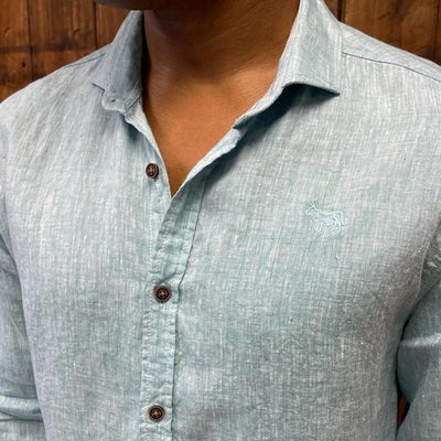 Kingsley Heath Luxe Linen Slim Fit Shirt Aqua