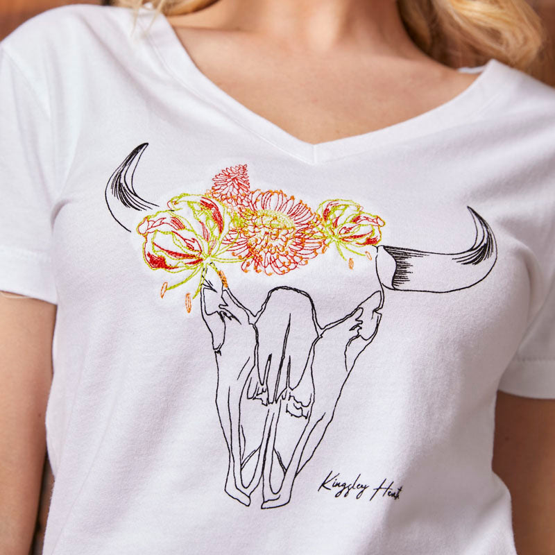 Floral Embroidered Skull V-Neck Tee Pelican