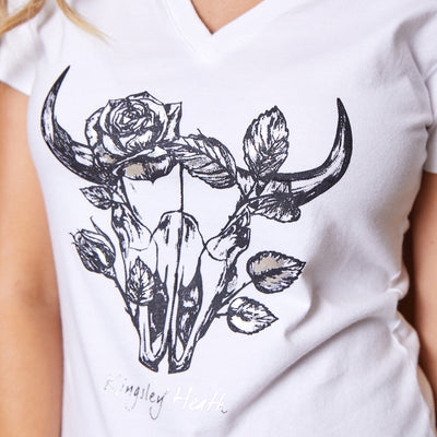 Grungey Flora Skull Shabby V-Neck Tee Pelican