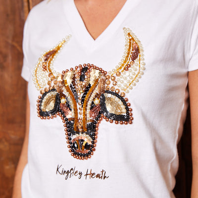 Beaded Luxe Skull Slim V-Neck Tee Pelican